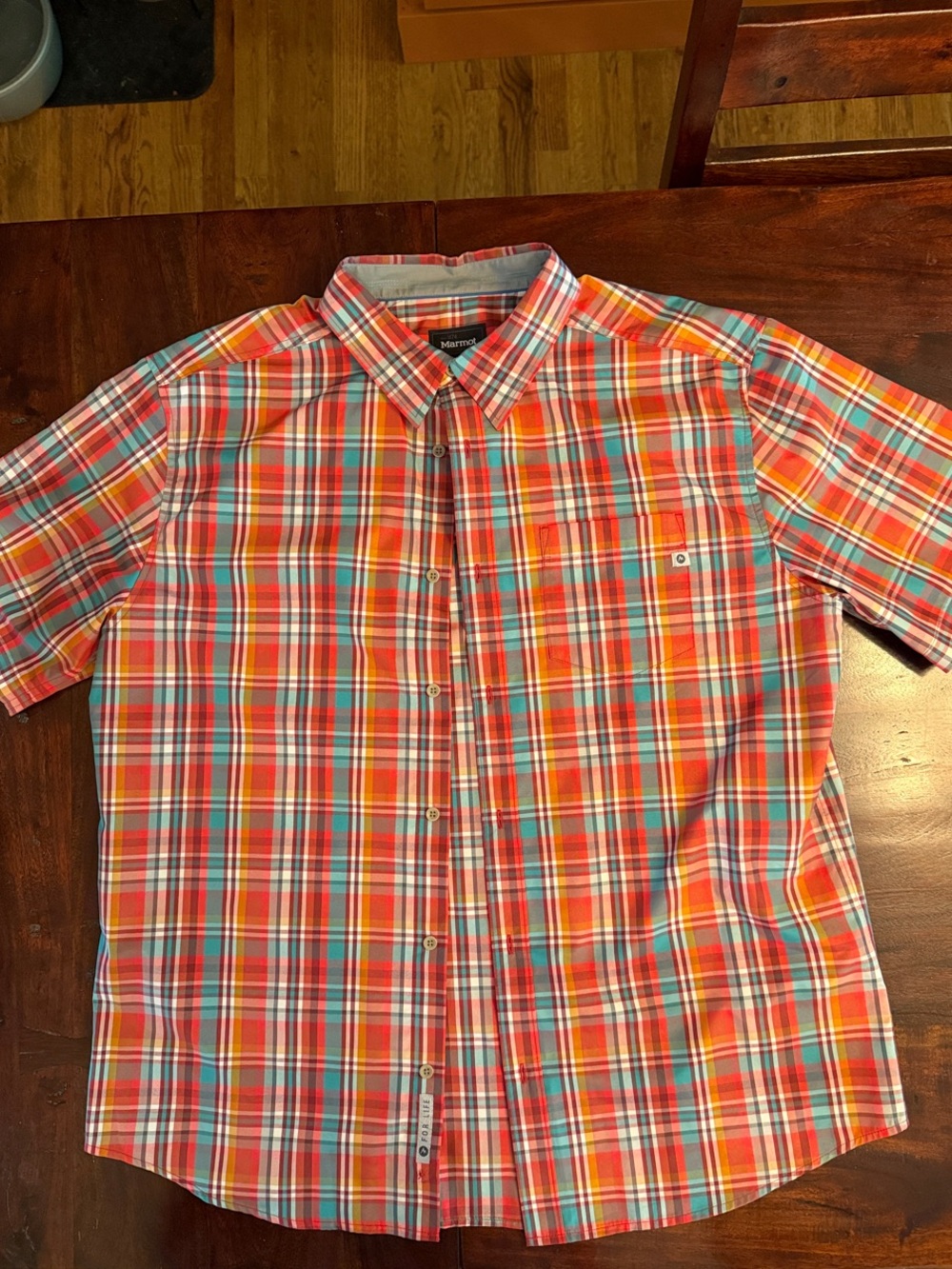 Marmot Orange and Teal Plaid Short-Sleeve Button-Down Shirt
